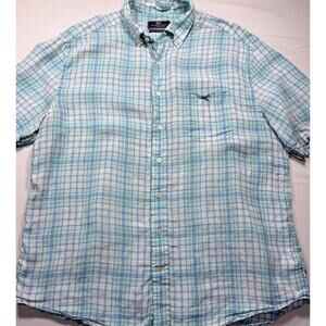 Vineyard Vines Classic Fit Tucker Shirt Plaid Linen Button Down XL Blue Green
